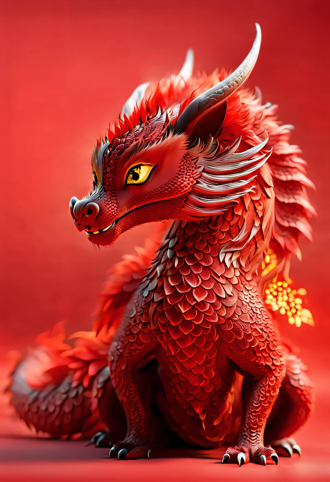 3d rendering，realistic fur，red wallpaper，Simple modern style，beautiful wallpaper，
(A super slender and naughty little red-orange dragon is looking cutely at the camera:1.34），frontal portrait，Beijing，🦑 design，（wearing a hoodie），（Hoodie with letters &Quote;AI&Quote; Embroidered on it ：1.37），