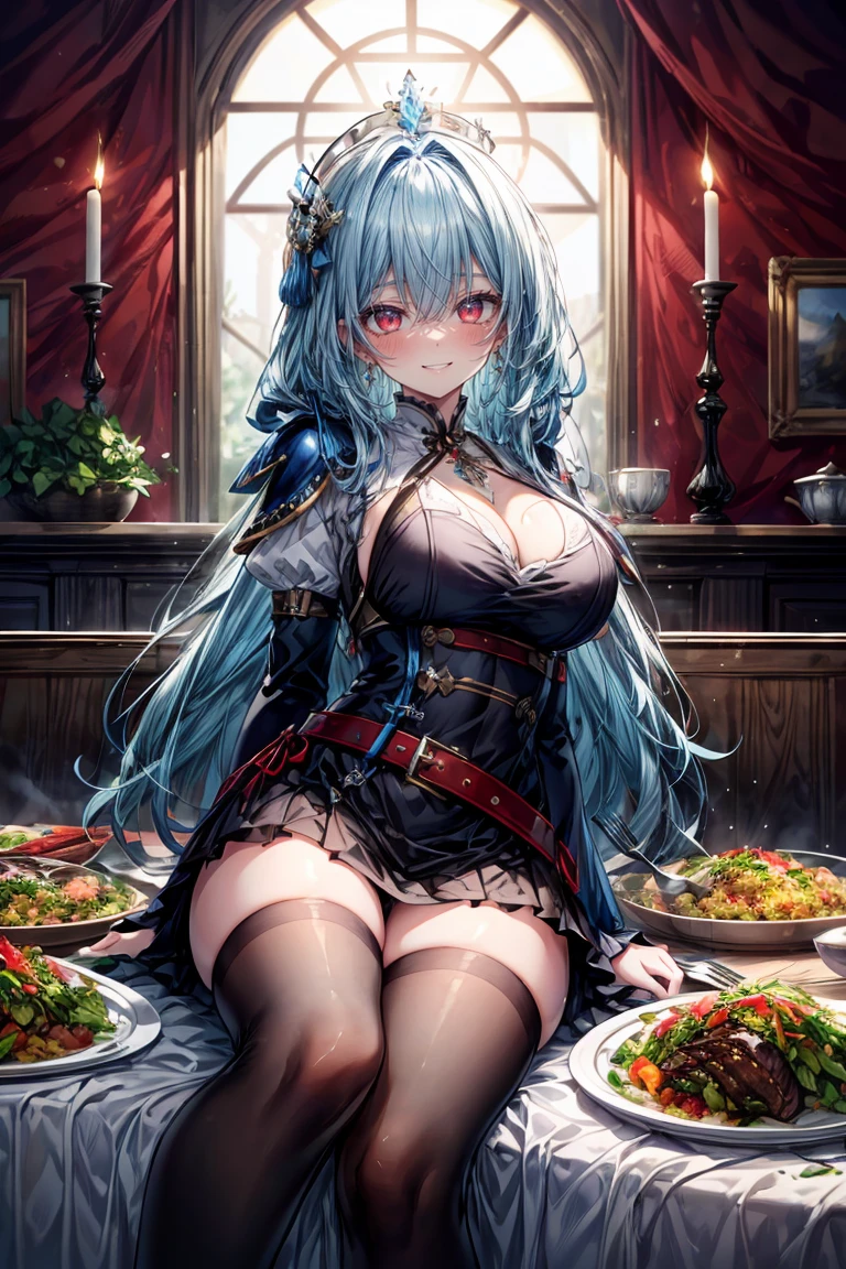 ((8K masterpiece,highest quality)), ultra high resolution, hyper detail, (1 girl), beautiful face, beautiful and delicate eyes,((red eyes)),Big eyes,shining eyes of light,Thin and long eyelashes,detailed light,((blue hair)),((long hair)),((straight hair)),big breasts,(very large thighs),thin waist,blush,(grinning smile),troubled face,(please open your mouth wide),(daughter of the royal family),(((王家のmeal))),silver holy armor,sacred belt around the waist,sapphire crown,gold necklace,sapphire earrings,silver hair ornament,white knee socks,(meal),(royal family of darkness),(Inside the castle),(girl eats salad with a fork),Many dishes on the table,motion blur,Depth of written boundary,spectacular panoramic view,Angle from the side