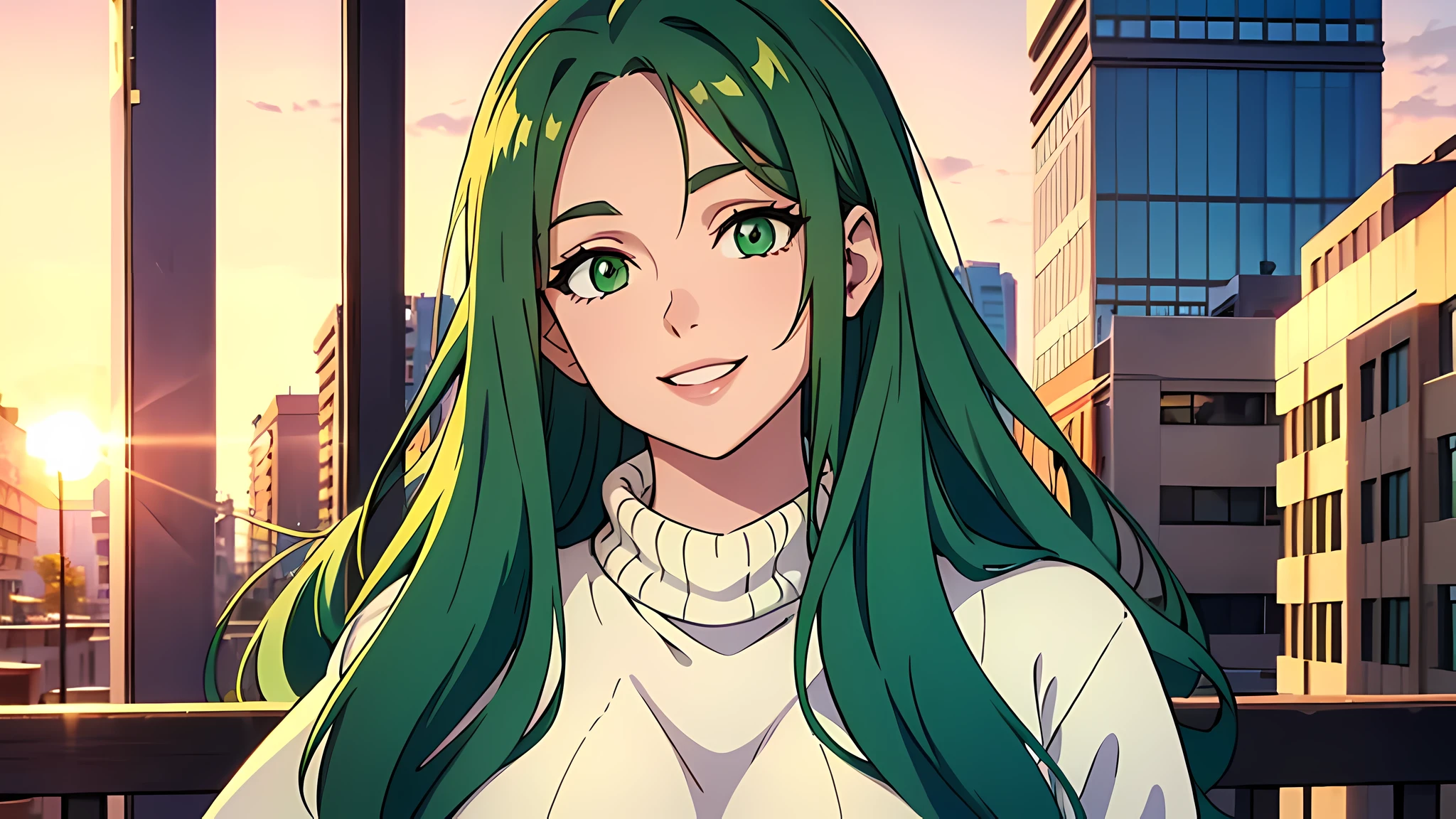 girl, long hair, green hair, wearing sweater, smiling, one eye close, slightly tilted head, at the street, 5pm, golden hour, white sweater, cute, beautiful, green eyes, 8k , hd, highly detail, looking at the viewer, 