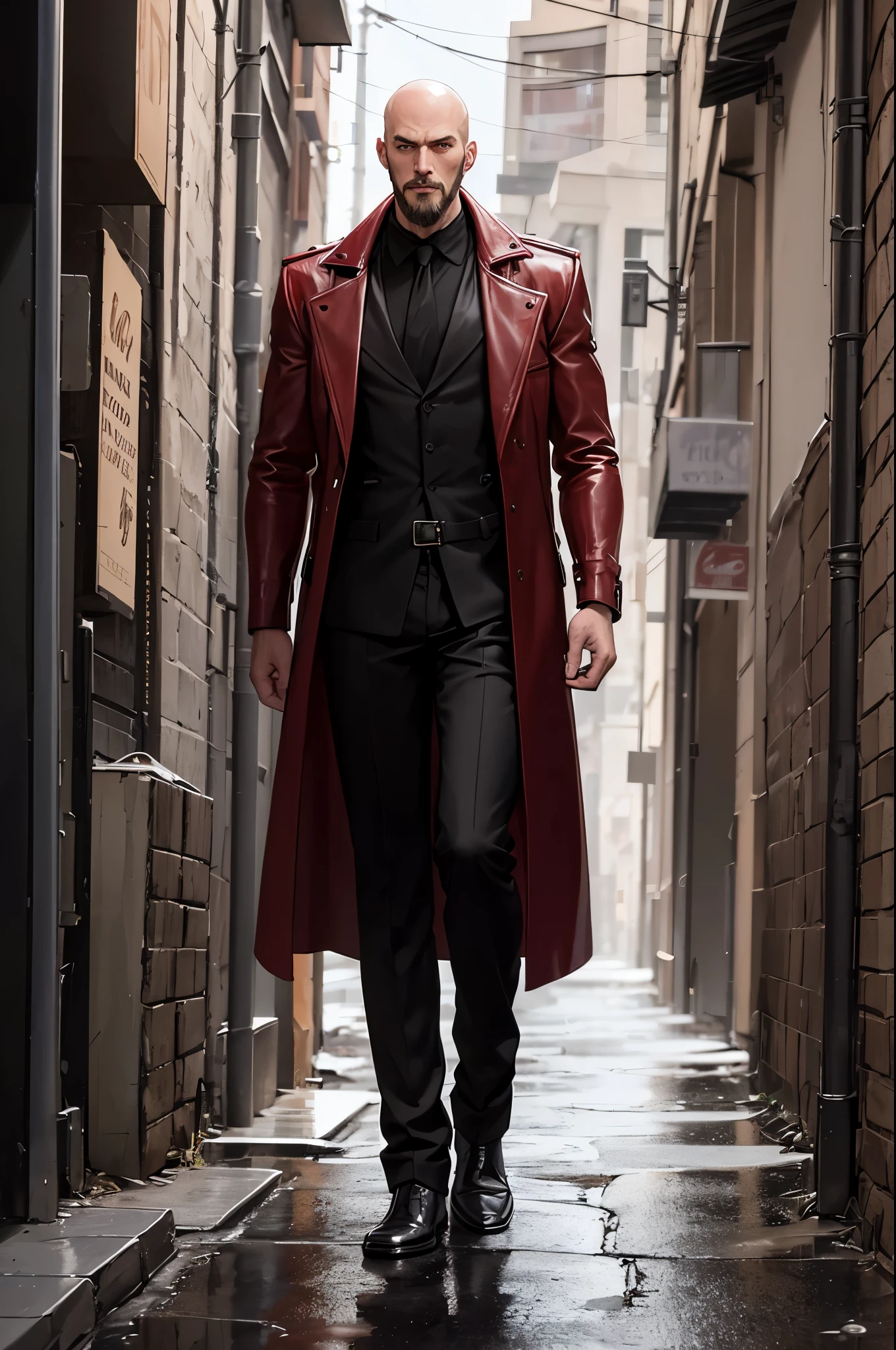 a tall, hairless man, with a serious face and wearing a goatee, walking through alleys in the city at night. He is passing through an intersection of dirt roads. He wears a red leather overcoat that reaches his feet and his clothing underneath is black leather. He is a spirit.