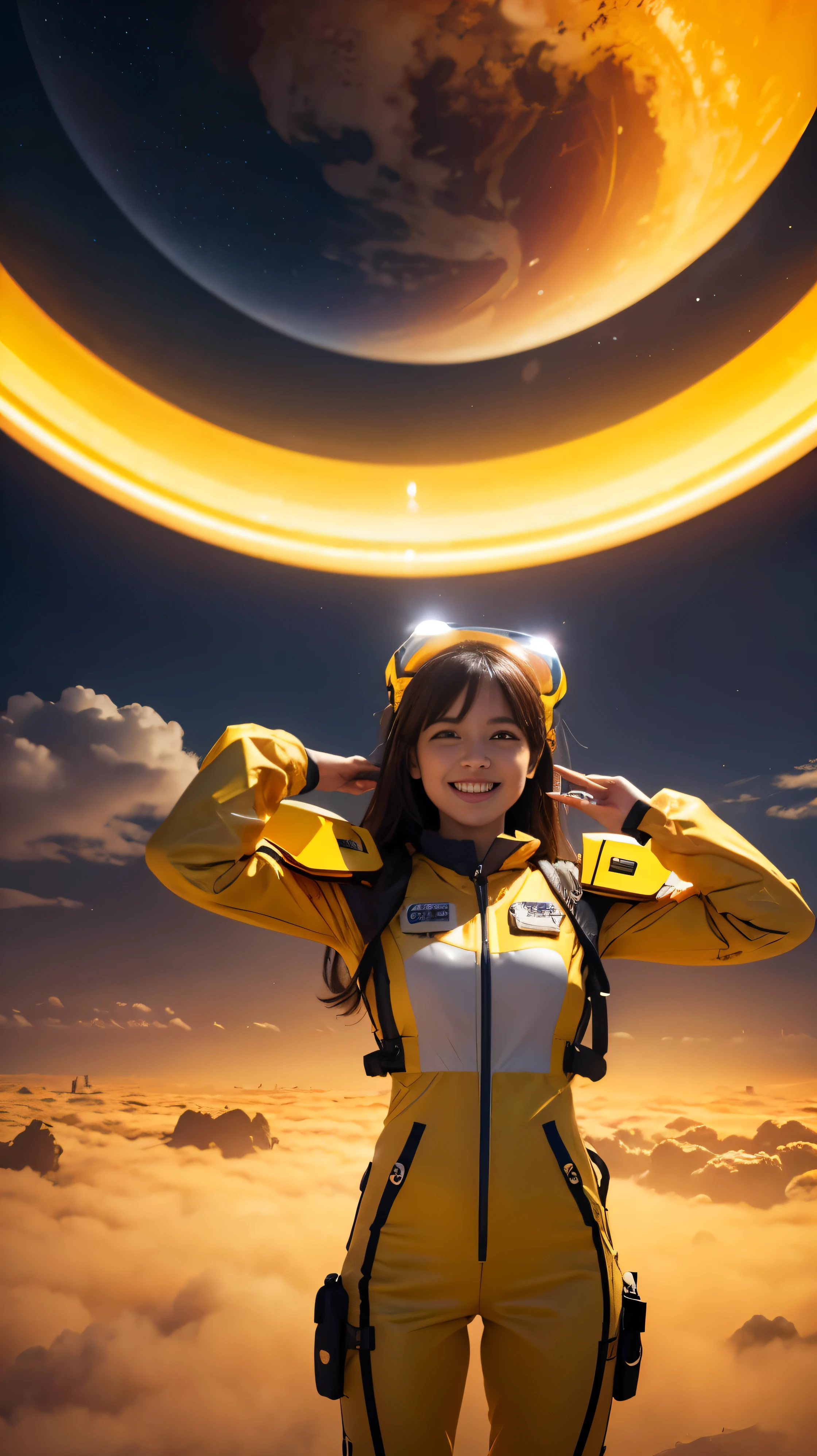 Influencer girl in yellow space suit taking selfie on on floating city, in background show (Best quality,4K,8K,A high resolution,Masterpiece:1.2),Ultra-detailed,(Realistic,Photorealistic,photo-realistic:1.37),Futuristic floating city,Futuristic technology,Huge high-tech tablet platform,Floating in the sky,Futuristic city,Small airships around,High-tech hemispherical platform, city floating on lots of yellow clouds, city on top of dusty clouds, yellow clouds at bottom, golden orange yellow tones ,sunset, hot weather, girl taking selfie enthusiasm, laughing smiling, girl in yellow spacesuit. capture venus terrains yellow and brown land, dusty environment, hot summer, desert weather
