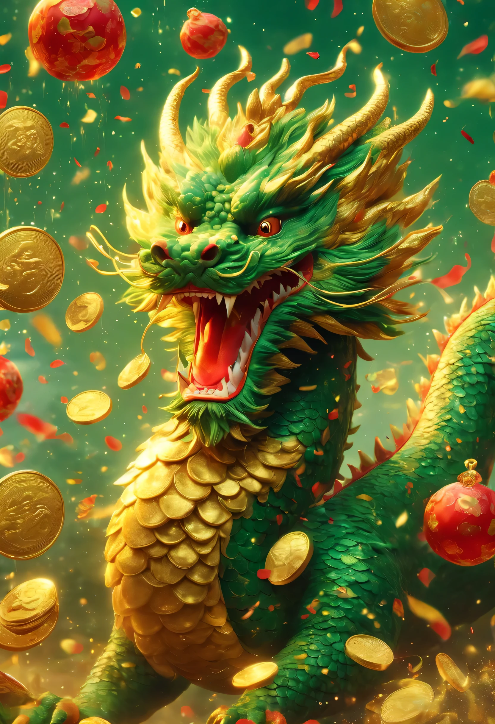 new year poster design:Oriental Dragon,Head close-up,big furry head,hairy body,paw。green,color。There are many gold coins in the air,Red and gold confetti flying in the sky,Gold coin rain,A strong festive atmosphere,It was very lively。symmetry,dreamy background blur