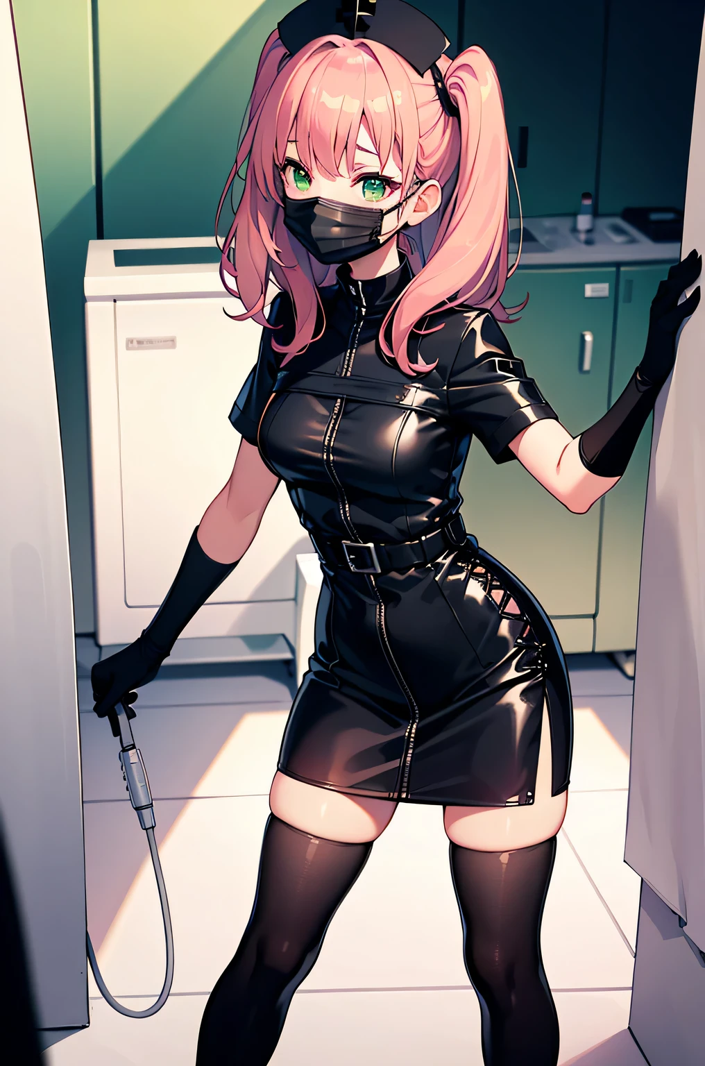 black nurse, 1woman, solo, black nurse cap, black wear, ((black legwear, zettai ryouiki)), black elbow gloves, forehead, long hair, green hair, pink eyes, ((black surgical mask, covered nose)), standing, ((surgery room)), sharp outline, short sleeves, mature female, 35 years old, best quality, masterpiece