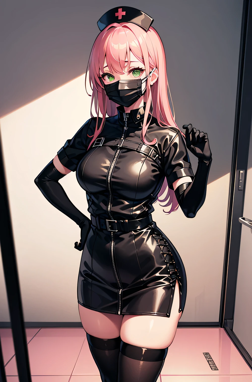 black nurse, 1 girl, alone, black nurse cap, Black Wear, ((black legwear, zettai ryouiki)), black elbow gloves, pink hair, green eyes, droopy eyes, ((Black surgical mask, Covered nose)), Are standing, ((operating room)), sharp outline, short sleeve, highest quality, masterpiece