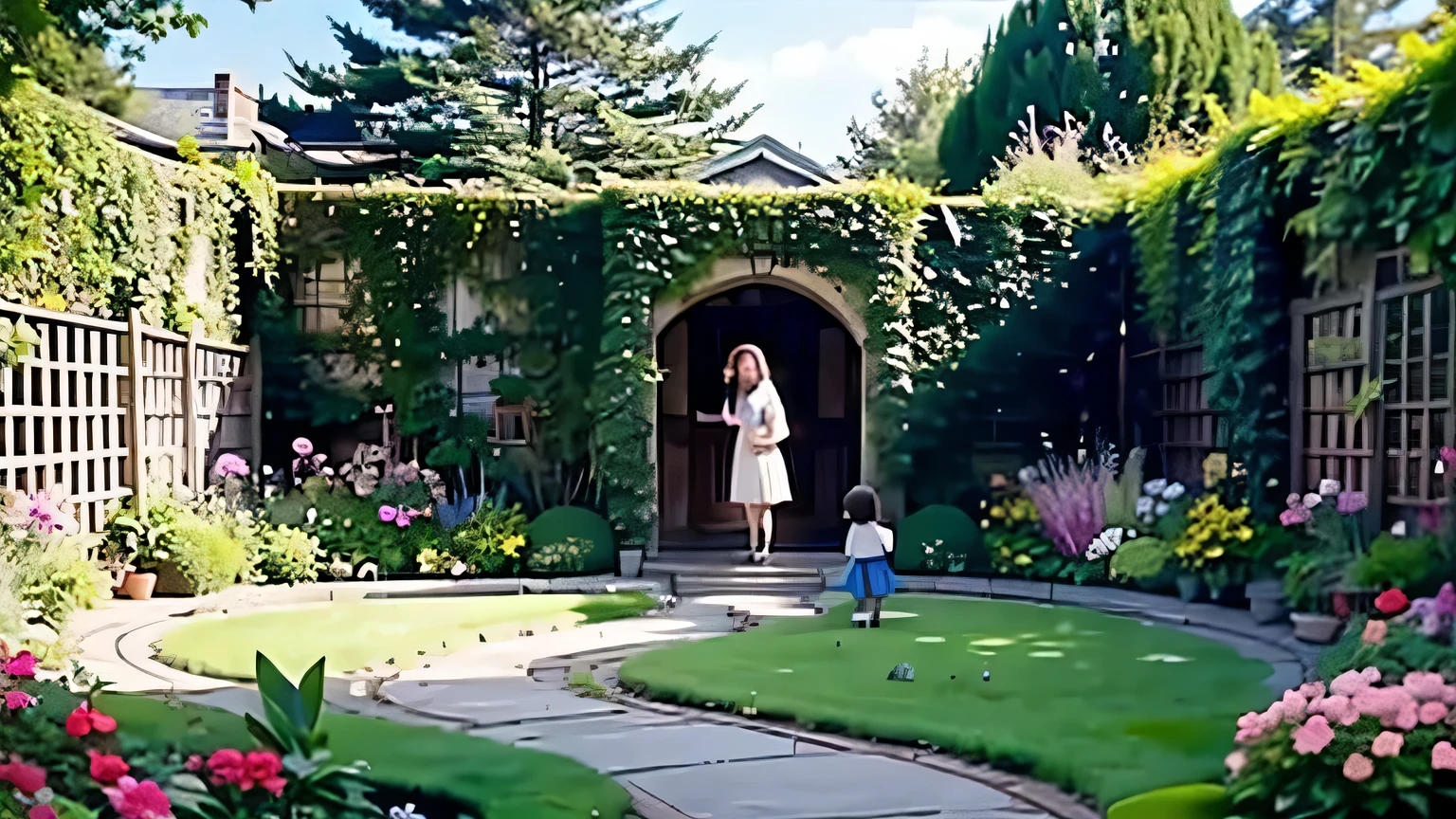 Create a visual timeline showing young Lily discovering the garden and, later, as a grown-up, sharing the garden's stories with children. This represents the growth and storytelling aspect of the video.