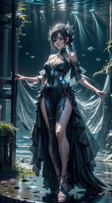 1 girl,wearing a dress，fantasy dress，intricate dresses，dynamic pose，light shines，Use Water Magic、splash、greek sandals、 super detailed, High resolution, very detailed, best quality，master piece，artistically，Utopian，C4D Rendering、greasy black background