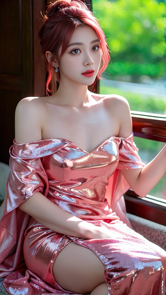 Modern Chinese beauty,Lovely and pure,pure bright eyes,pink hair,Stylish dress matching,printing,4k