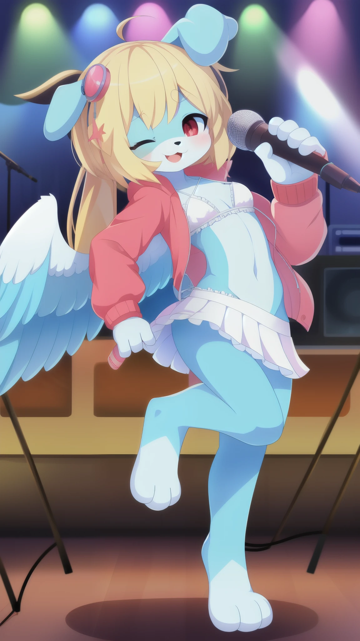 Furry girl, young, dog, cute hair, long ponytail, two tone hair, blonde hair, stars hairpin, red eyes, small breasts, detailed body fur, ((nude, pussy)), masterpiece, looking at you, two tone body fur, turquoise body fur, clear turquoise body fur, detailed face, big eyebrows, detailed eyes, detailed body, concert stage, detailed hands, glistering body, skinny, :3, idol stance, holding a microphone, floppy dog ears, feets with three toes, full body, (wink, one eye closed), cum shower, cum on everything, 