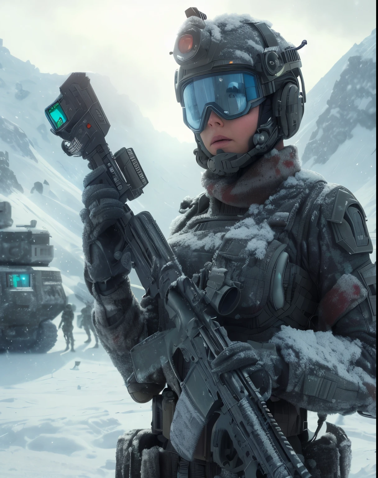 Arafe soldier with gun and goggles in snowy area, Sci-fi Soldier, film still from dune 2020, futuristic soldier, mechanized soldier girl, film still from movie dune-2021, 8 K movie still, movie still 8 K, from a 2 0 1 9 Sci Fi 8 K movie, sci-fi cinematic movie still