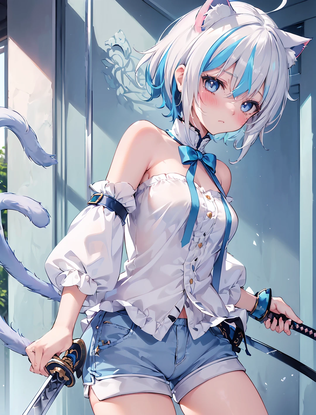 (Masterpiece, Slim Body, Delicate Fingers: 1.2), Best Quality, (Illustration: 1.2), (Hyper Detail), Eye Focus, Ultra Detail, (Fine Detail), (Intricate Detail), HDR, (Ultra Detail: 1.15), (Soft Light: 1.2), 1girl, (adventure outfits:1.4) (short pants:1.5),  (White hair and blue highlights:1.5), (light blue eyes:1.3), medium, short hair, solo, (medium breasts:1.3), masterpiece, (blushing:1.1), best quality, highly detailed, fullbody image, kwaii, (blue inner hair:1.2), (two-tone hair:1.5),  (blushing face:1.4), , (perfect hands, perfect anatomy), (cat ears:1.4), (cat tail:1.5), (holding long sword:1.5)