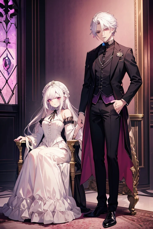 A white haired handsome man with red eyes is holding a pink haired woman with violet eyes with an hourglass figure in a throne room in Gothic Victorian style clothing