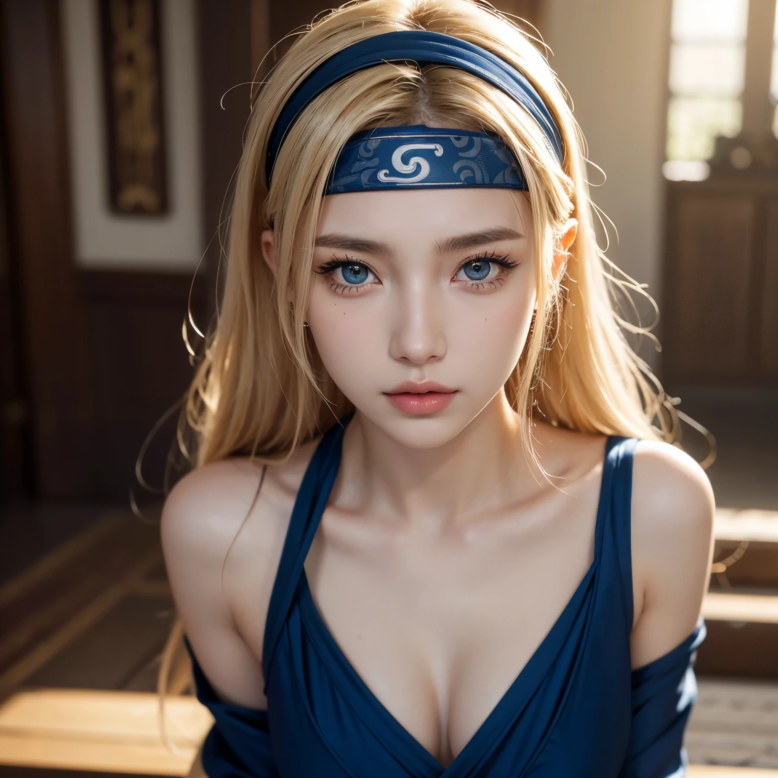8K, masterpiece, Raw photo, Best Quality, photorealistic, high resolution, depth of fields, Cinematic Light, Lens Flare, Ray tracing, (Extremely beautiful face, Beautiful lips, Beautiful eyes), intricate detail face, ((Ultra detailed skin)), 1women, charming Russian model Nata Lee, light blonde hair, full body, solo, hips up, look at viewer, (detailed face), ninja, naruto style, headband, tattoo, jewelry, blue costume, holding a ninja weapon.
