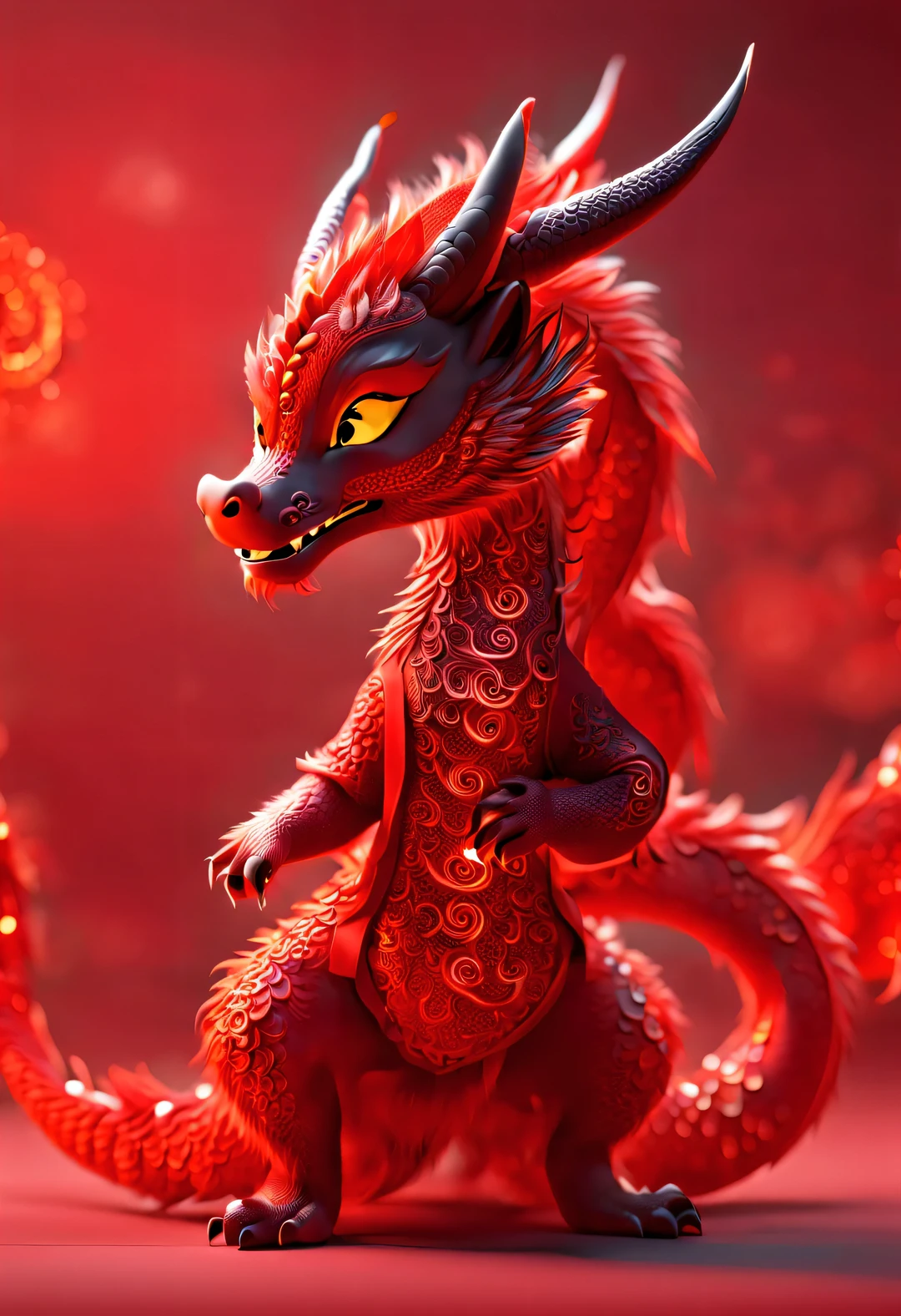 3d rendering, realistic fur, red wallpaper, Simple modern style, beautiful wallpaper, Very slender and playful orange zodiac dragon baby dances playfully ， (eyes on the audience：0.85), (Looking at the camera cutely with his head tilted), (wearing a hoodie), (letter embroidered hoodie "AI": 1.37),Beijing, 🦑 design,