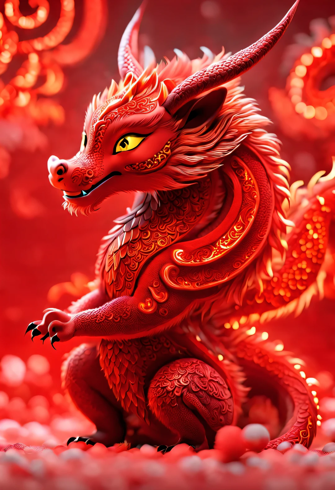 3d rendering, realistic fur, red wallpaper, Simple modern style, beautiful wallpaper, Very slender and playful orange zodiac dragon baby dances playfully ， (eyes on the audience：0.85), (Looking at the camera cutely with his head tilted), (wearing a hoodie), (letter embroidered hoodie "AI": 1.37),Beijing, 🦑 design,