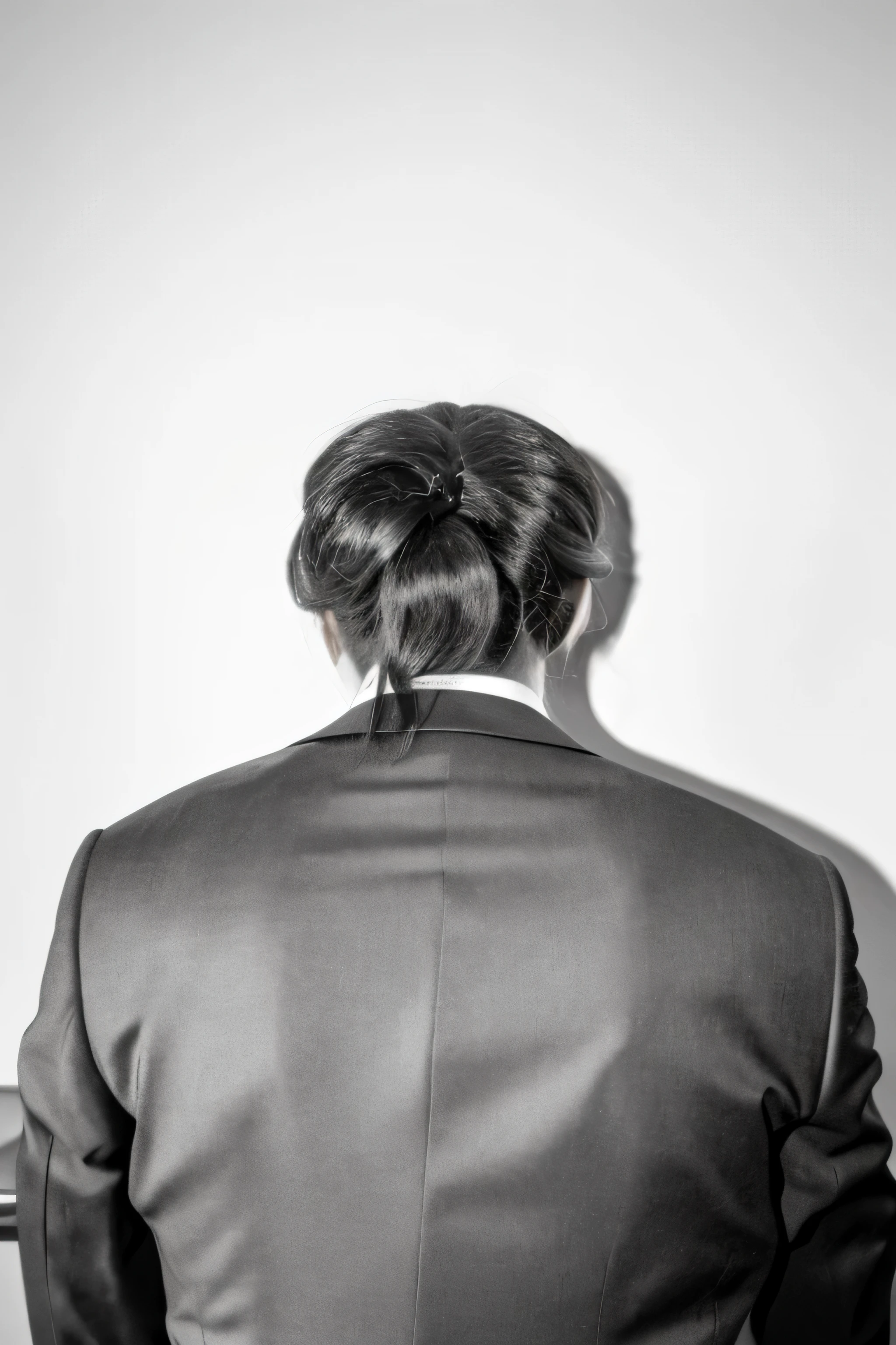 arafed woman in a suit and tie standing in front of a wall, facing away from camera, back of head, photographed from behind, facing away from the camera, looking from behind, photo still of behind view, with his back to the viewer, photographed from the back, joon ahn, close-up shot from behind, face partially obscured