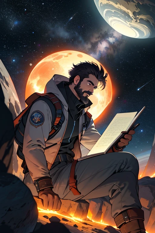 Desenhe um jovem programador, sitting on a research platform floating in the middle of an asteroid belt. He is studying with a notebook, surrounded by several asteroids glowing with auras of fire. Dramatic lighting from distant stars and planets illuminates the scene, casting deep shadows on the costume. O jovem parece confiante e determinado, Looking at the vast and mysterious universe with awe and respect,facial hair, tiro de vaqueiro,com o nome IYAN 