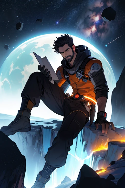 Desenhe um jovem programador, sitting on a research platform floating in the middle of an asteroid belt. He is studying with a notebook, surrounded by several asteroids glowing with auras of fire. Dramatic lighting from distant stars and planets illuminates the scene, casting deep shadows on the costume. O jovem parece confiante e determinado, Looking at the vast and mysterious universe with awe and respect,facial hair, tiro de vaqueiro,com o nome IYAN