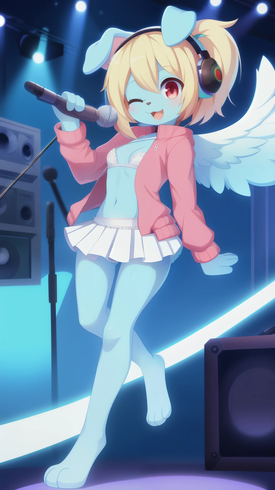 Furry girl, dog, cute hair, long ponytail, blonde hair, stars hairpin, red eyes, small breasts, detailed body fur, ((small pink jacket, open clothes, white frilly bikini, white frilly skirt)), blue feathered wings, masterpiece, looking at you, two tone body fur, turquoise body fur, clear turquoise body fur, detailed face, big eyebrows, detailed eyes, detailed body, music studio, detailed hands, glistering body, shiny body, skinny, :3, floppy dog ears, full body, feets whit three toes, microphone, singing, idol headphones, (wink, one eye closed), Idol stance,
