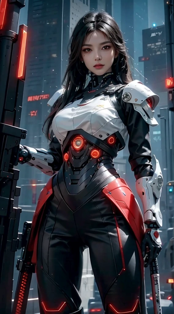 8k, 。...........3D, realista, Ultra Micro Photography, of the highest quality, Super detalle CG Unity 8k,photorealistic, high resolution, soft light,1women, solo, hips up, (detailed face), red long hair, cybersamurai, cyborg, cyberpunk, ( cyber armor:1.4), holding weapon,glowing,gun, city at night