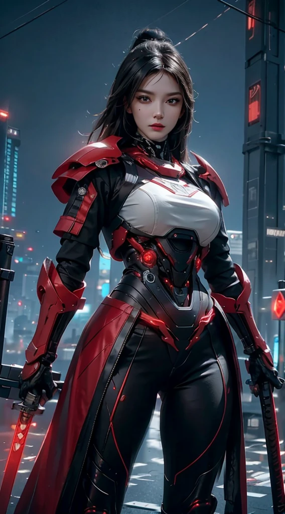 8k, 。...........3D, realista, Ultra Micro Photography, of the highest quality, Super detalle CG Unity 8k,photorealistic, high resolution, soft light,1women, solo, hips up, (detailed face), red long hair, cybersamurai, cyborg, cyberpunk, ( cyber armor:1.4), holding weapon,glowing,gun, city at night