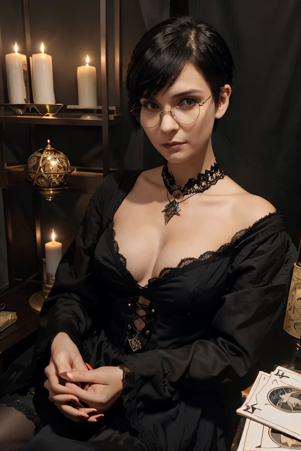 young woman witch short hair side bangs shaved pixcut short mohawk short black cut with Harry Potter glasses with 7 large cards open in a tarot fan in her hands holding the tarot cards close to her face long dress and long sleeves gothic gothic accessories witch sorceress with cards tarot