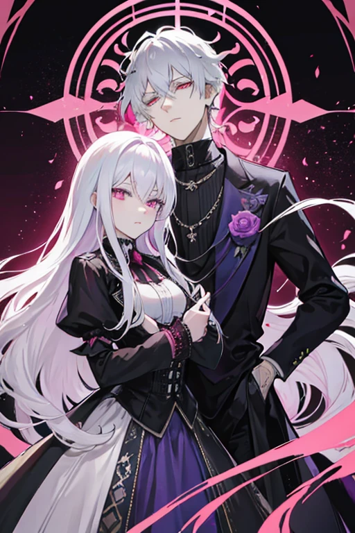 A white haired handsome man with red eyes is holding a pink haired woman with violet eyes with an hourglass figurein Gothic Victorian style clothing at a ball
