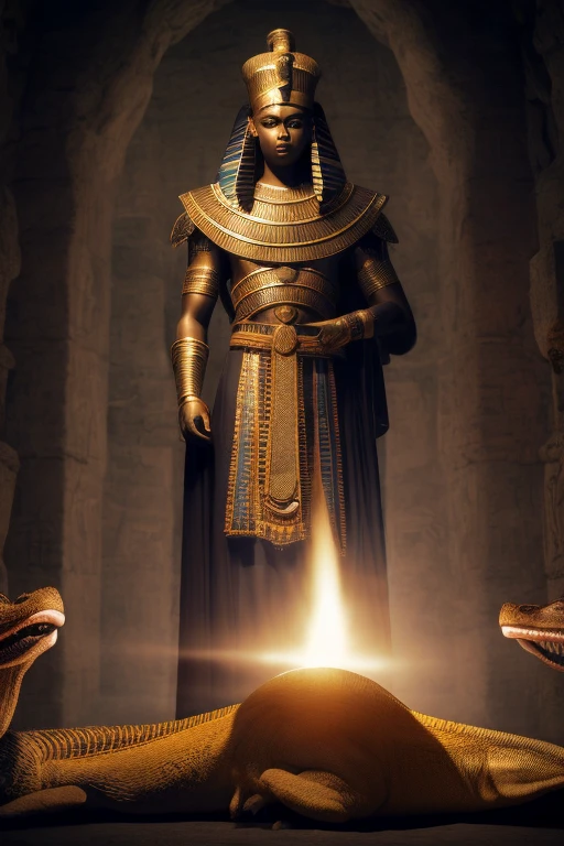 hyper réalisme; 4k; un homme impressionnant; debout; beau; dieu Osiris; Roi de l'au delà; momie; bandages; Egypte antique; arriere plan eau; crocodiles; lumière flamboyante; fantastique;