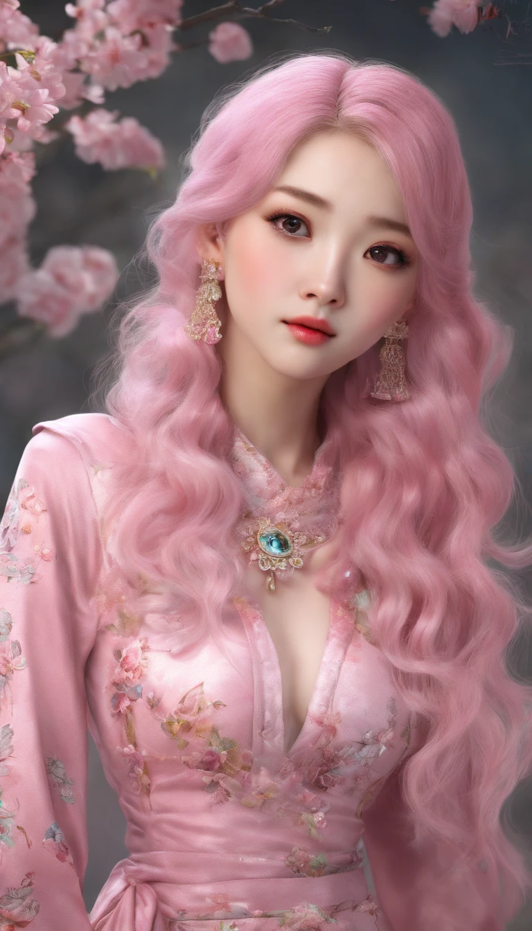 Modern Chinese beauty,Lovely and pure,pure bright eyes,pink hair,Stylish dress matching,printing,4k