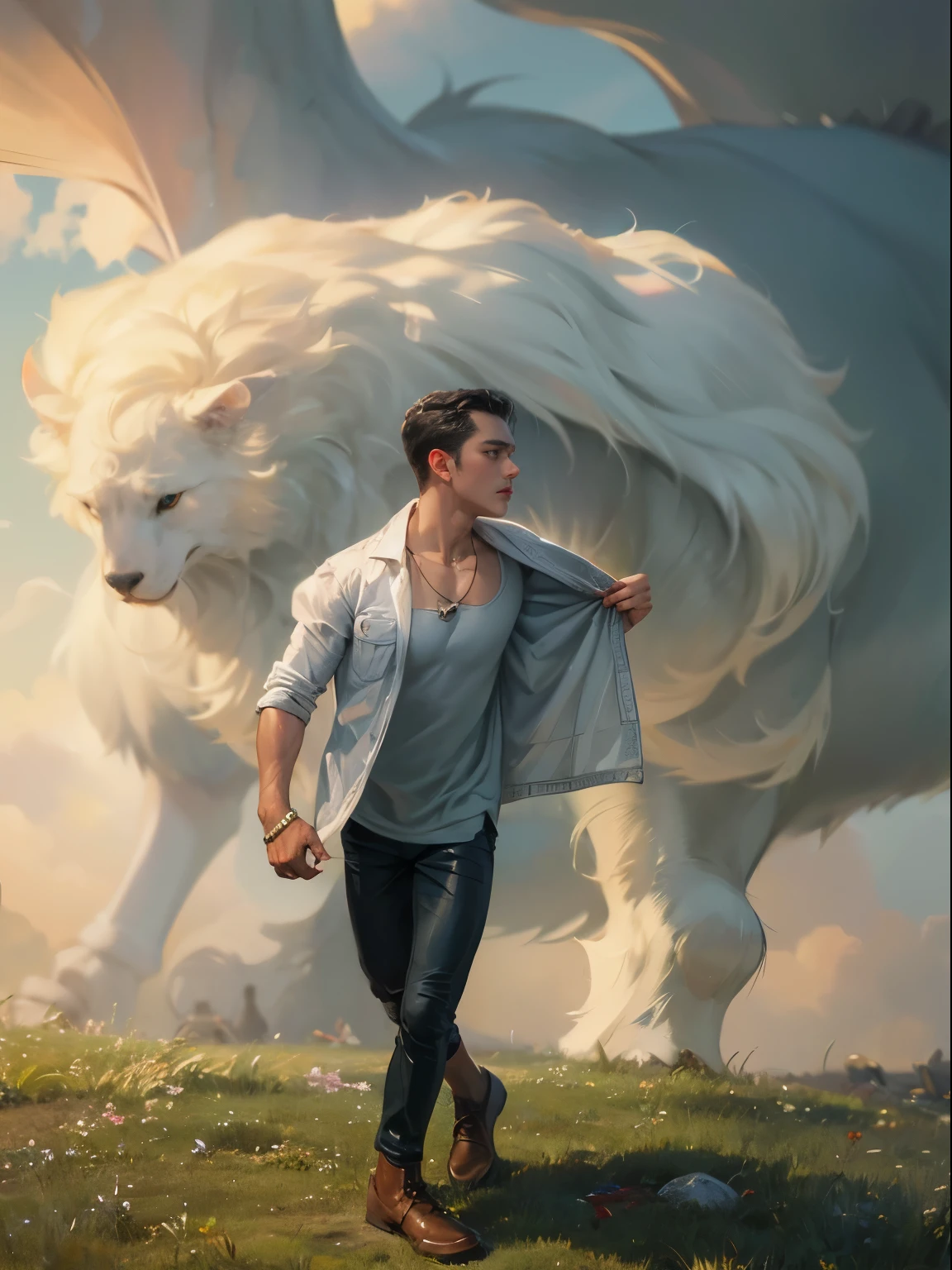 (absurdres, highres, ultra detailed, HDR), masterpiece, best quality, portrait of a boy, handsome boy with blue eyes, detailed face, in a town, young built body, handsome adventurer, professional photo, rpg style man detailed torso, sitting comfortably while legs spread, (puffy(from below:1.1)), eyes on viewer,young boy 18 years old, handsome boy, detailed background, masterpiece art
