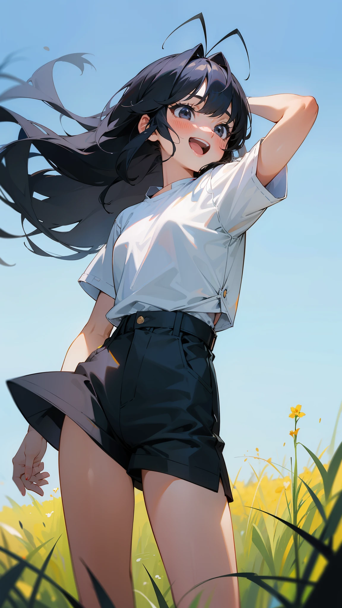 1girl,10s years,solo,smile,blush,black eyes,black hair,long hair,(((hair 2antennas))),white shirt,blaclk shorts,cowboy shot,open mouth,standing in grass,blue sky