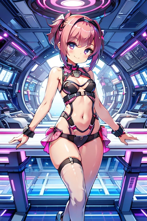 8K, RAW photo, night light, Beautiful cyberpunk style young girl, pink short hair, pink eyes, high resolution skins, Beautiful woman in a black top and short skirt, pose for a photo, Multi-point, 19 years old, reveal her sexy body, hourglass illustration, Because I'm slender, small breasts, sample belly, Looking at the camera and smiling, night city background, neon light
