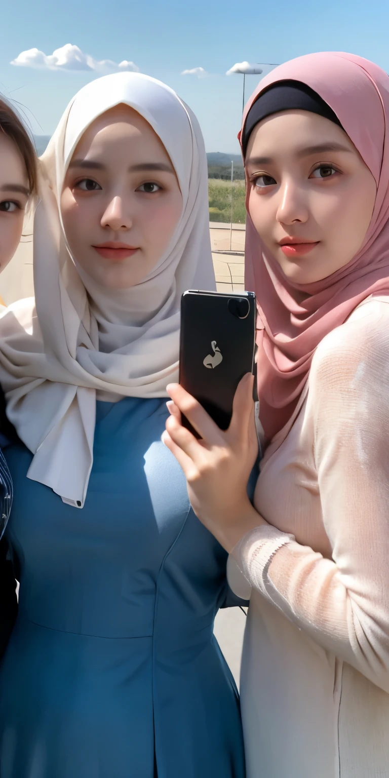 masutepiece, Best Quality, Illustration, Highly detailed, fine detail, high resolution, 8K Wallpaper, Perfect dynamic composition, Many people, nude hijab, (three girls holding large smartphones), three Girls holding smartphone cameras, Beautiful eyes detail , Natural Lips, three girls in Hijab, Muslim dress, luxurious jubba thobbe, full body photo, blue sky view, Girl holding smartphone camera, show your big breasts, person wearing hijab, ((three girls holding smartphone camera big))