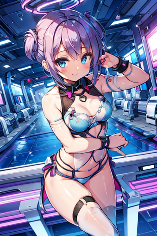 8K, RAW photo, night light, Beautiful cyberpunk style young girl, Light blue and pink shorthair, pink eyes, high resolution skins, Beautiful woman in a black top and short skirt, pose for a photo, Multi-point, 19 years old, reveal her sexy body, hourglass illustration, Because I&#39;m slender, small breasts, sample belly, Looking at the camera and smiling, night city background, neon light