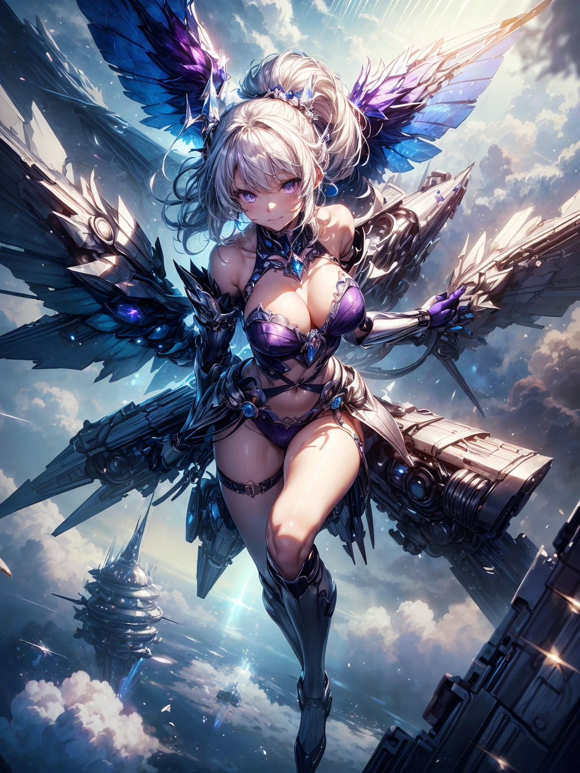(masterpiece、highest quality, wonderful, very detailedティッカーユニティ、8k wallpaper, Depth of written boundary, Ultra-fine illustration:1.5)、。.。.3D, very detailed, (Full body Esbian、mecha princess girl:1.3), sci-fi battlefield, Hawken, smile, open your mouth、short ponytail hair, (purple hair, dark purple eyes:1.2), sparkling eyes, cute顔, cute, big breasts, delicate hair, messy hair, (((Flying high in the sky))、blue sky, White cloud), shiny hair, shiny skin, (Symmetrical mechanical winetallic colored mechanical wings that are widely expanded to the left and right so that they protrude wonderfully from the screen, bite, white hair ornament), (particles of light, cinematic lighting: 1.3), (pale pink lips: 0.8), by Yusuke Murata.