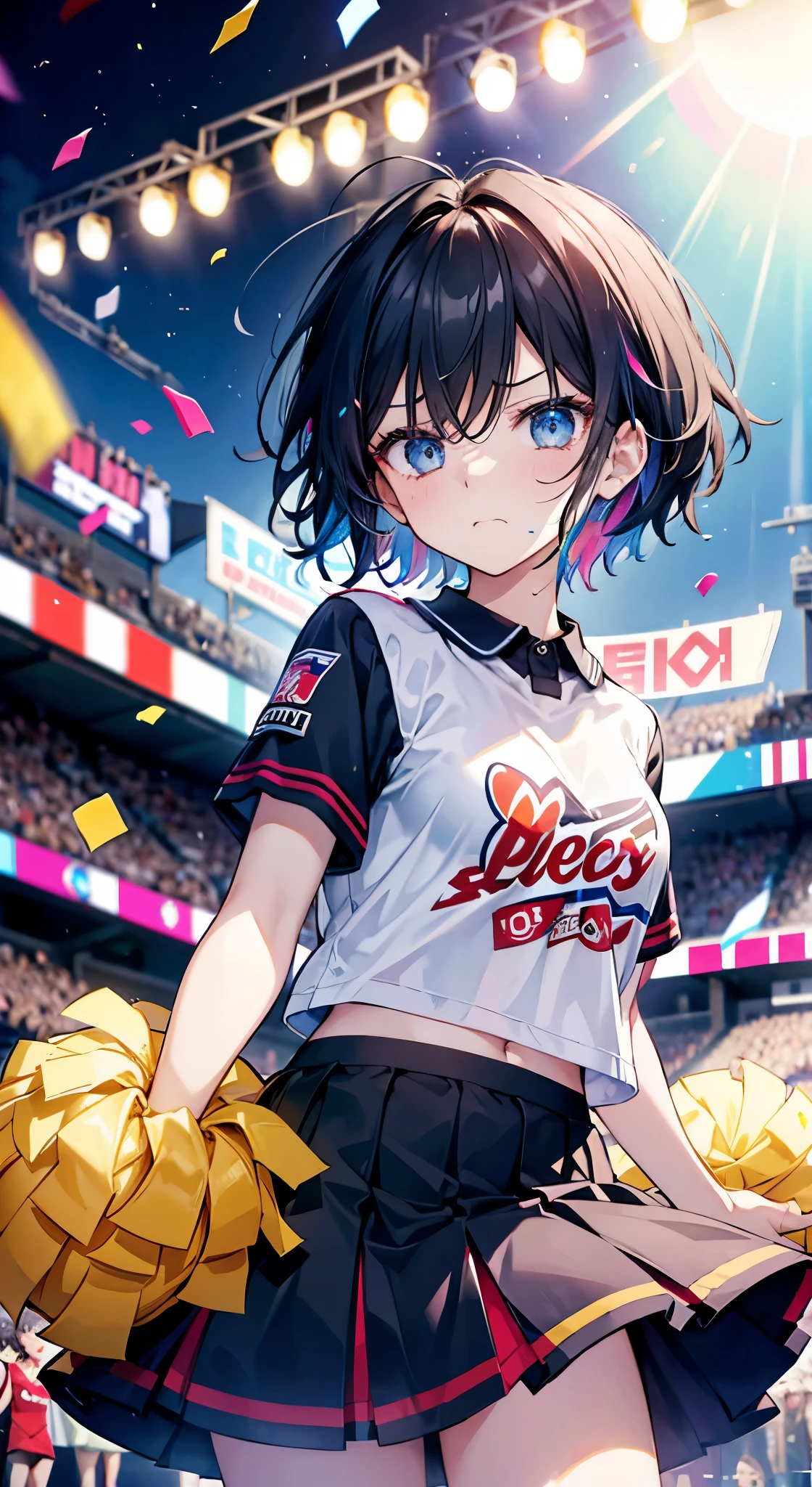 (highest quality:1.2), masterpiece, High resolution, perfect lighting,22-year-old woman、 (boyish、black hair、angry、frown、frightened face)、Lens flare, Cheerleader, jump, short hair, holding a pom pom, gush, No sleeve, Brilliant, fine eyes, T-shirt, skirt, break ((colorful confetti)), stadium, nice, sparkling, effect