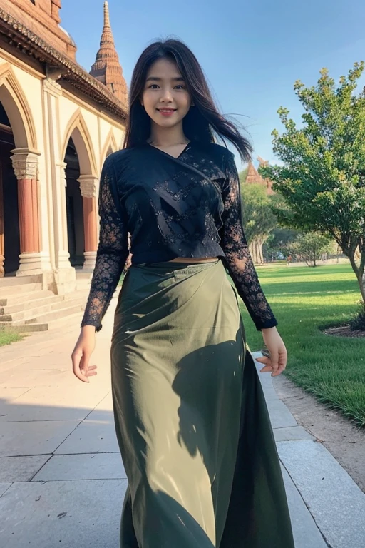 a beautiful girl with cute dimples, smiling, wearing
burmese dress, walking in Bagan's street, 
ACMM LS OUTFIT, WEARING ACMM TOP OLIVE
GREEN ACMM TOP; LONG SLEEVES, WEARING
ACMM LONG SKIRT, OLIVE GREEN ACMM LONG
SKIRT, PRINTED SKIRT
OUTDOORS, SCENERY, TRADITIONAL MEDIA,
SKY, DAY, PHOTO BACKGROUND, REAL WORLD
LOCATION, ARCHITECTURE, NATURE, RUINS
LANDSCAPE, BAGAN ANCIENT PAGODA
BACKGROUND

