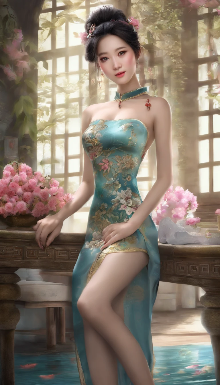 beautiful girl，individual，cheongsam，Floral ornamentation，long hair，Chinese style，Realistic painting style，riverside，moon，barefoot，happy，long legs，charming，Off the shoulders