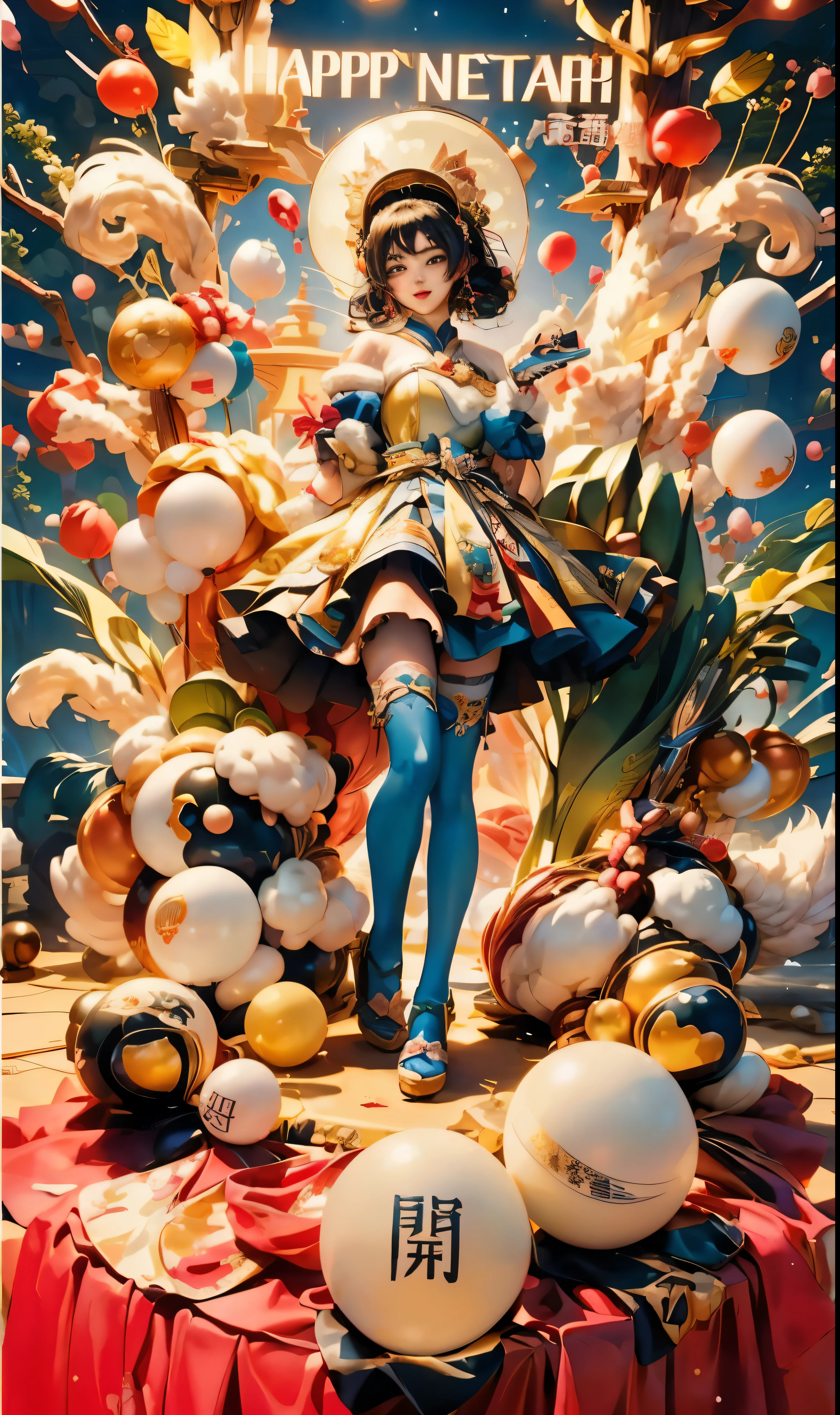 anime characters with balloons and balloons in front of a happy new year sign, Sakimichan Frank Franzetta, japanese pop surrealism, Pop Japaneseism 3D Ultra Detailed, Beautiful digital artwork, 8k high quality detailed art, jingna zhang, anime characters; full body art, author:Russell Dongjun Lu, official artwork, affable , wenjun lin
