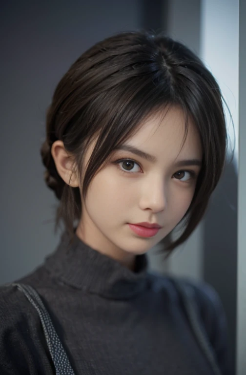 (soft light)), (whole body), (masterpiece:1.3), (8K, realistic, RAW photo, highest quality: 1.4), (1 girl), Super thin and beautiful face, (realistic face), (black hair, short hair:1.3), beautiful hairstyle, realistic eyes, beautiful and detailed eyes, (realistic skin), beautiful skin, (sweater), confused, charm, ultra high resolution, 超realistic, very detailed, golden ratio, model pose