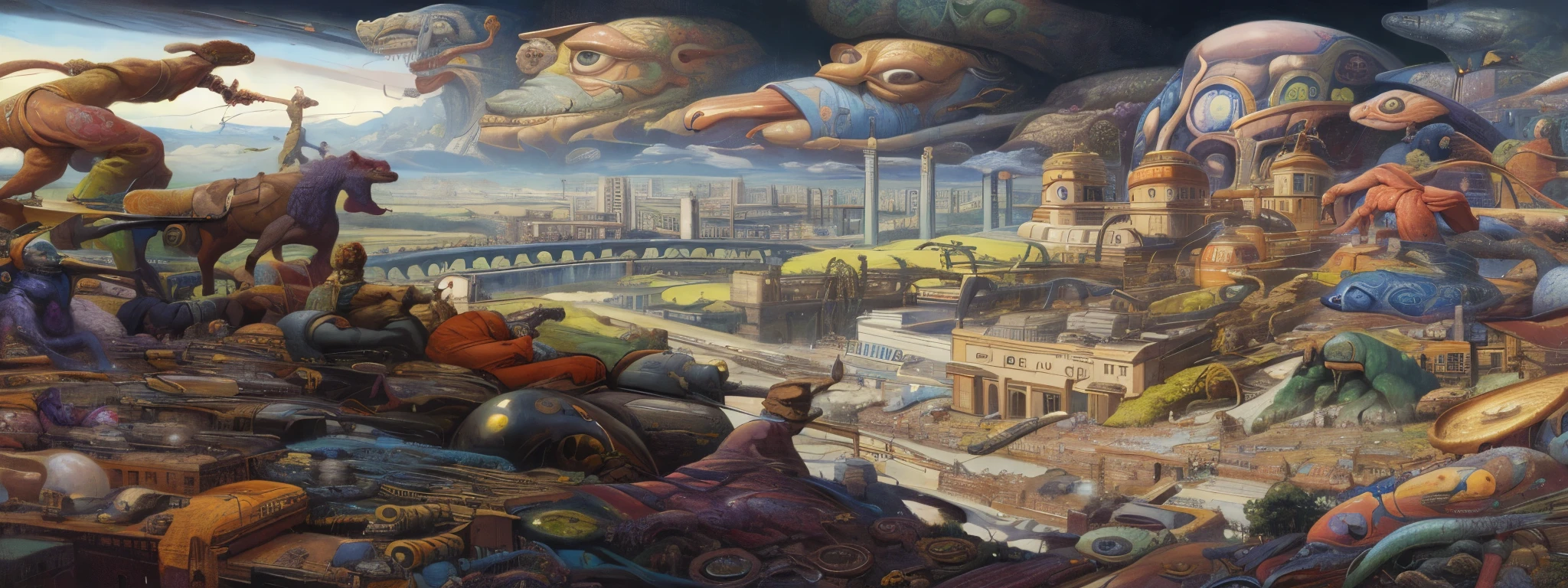 a painting of a large group of people in a city, pj crook, hyper - detailed visionary art, hyper detailed visionary art, science fantasy painting, laurie lipton and michael whelan, todd schorr, industrialization, rob mcnaughton, satirical painting, utopian art, todd schorr highly detailed, oil painting of an overpopulated
