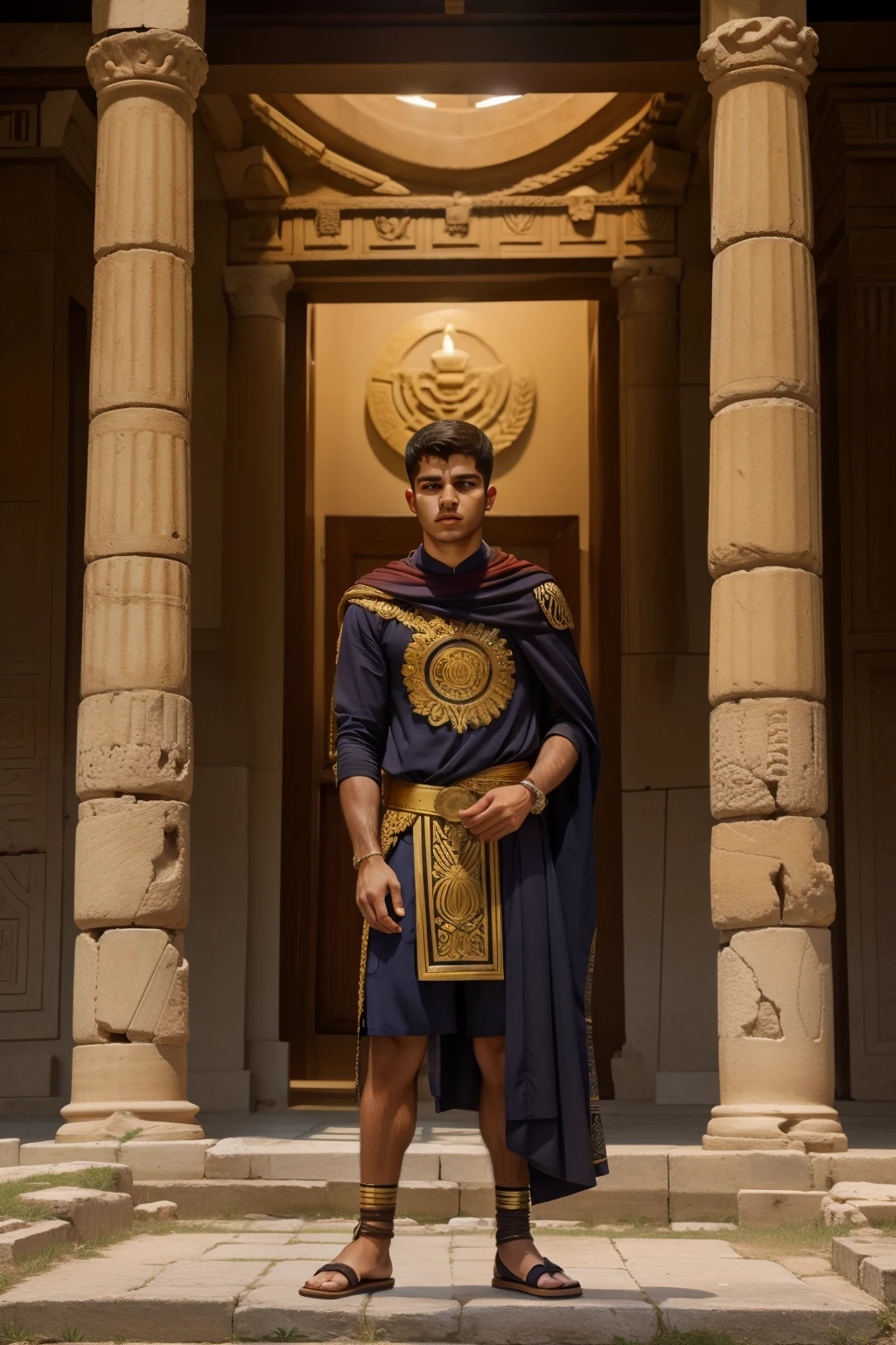 guttonerdvision5, full body of a 3-year-old boy wearing glasses, detailed, skin, pores, (((sharp and detailed face)), (((detailed hands and arms)))), wearing Egyptian king clothing, in a wide throne room setting of Egyptian temple, intricate details, with great depth of field. The scene is realistic and the lighting is cinematic, uhd, photo award-winning