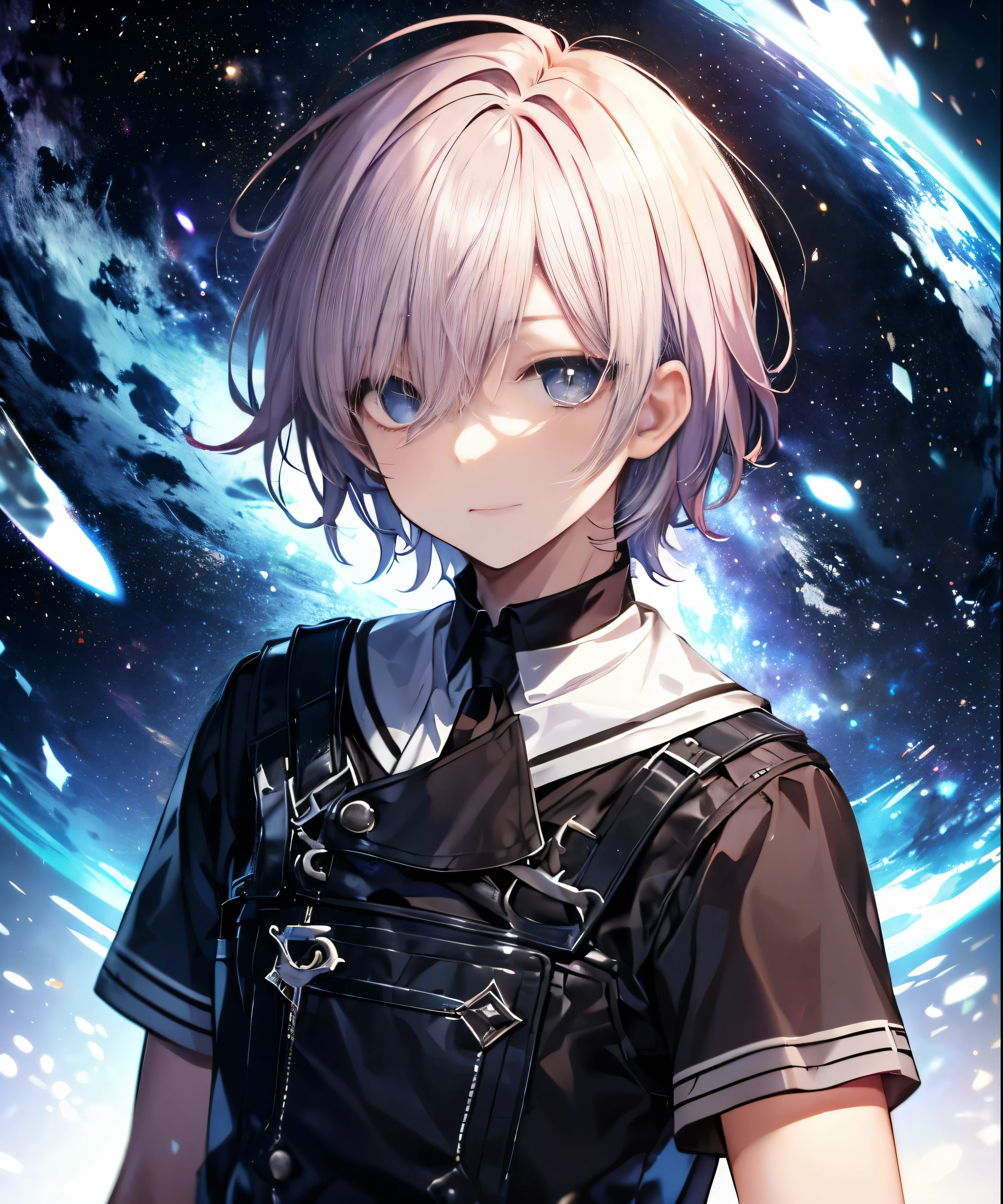 (masterpiece、highest quality)、frontage、alone、1 boy、mash hair、blue hair、On the bet、hair is dirty、adult、Mysterious、universe