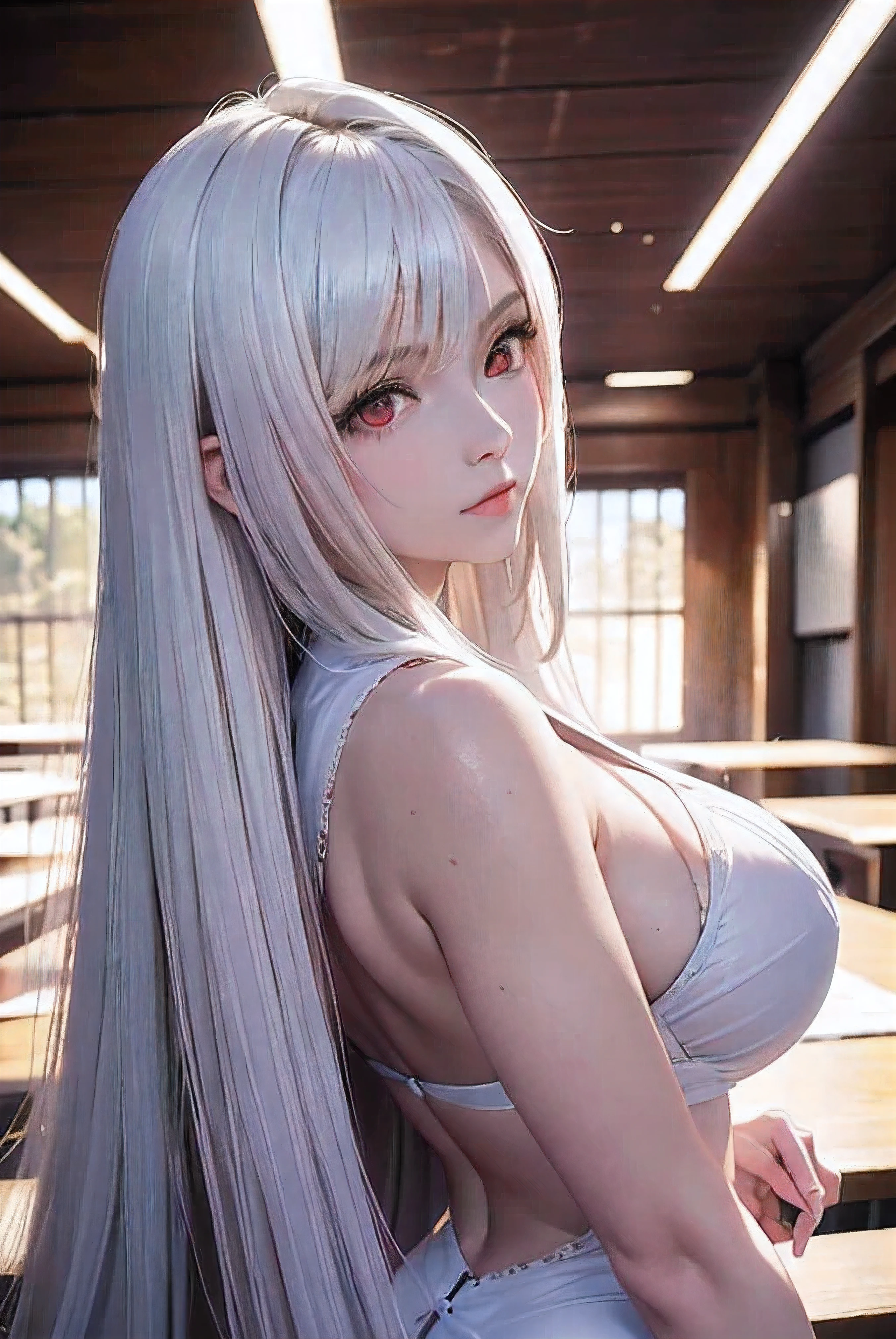 white long hair, The girl has clear red eyes, ifa lockhart, The girl is , beautiful skin, realistic anime, anime realism style, Output in 8K, highest quality,Natural light, professional lighting, shiny skin, silky skin, lay tracing, Wearing white, white wings on her back, シャイニングwhite, bright, white,