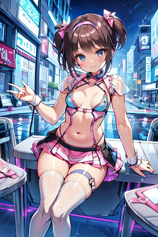 8K, RAW photo, night light, Beautiful cyberpunk style young girl, Light blue and pink shorthair, pink eyes, high resolution skins, Beautiful woman in a black top and short skirt, pose for a photo, Multi-point, 19 years old, reveal her sexy body, hourglass illustration, Because I&#39;m slender, small breasts, sample belly, Looking at the camera and smiling, night city background, neon light