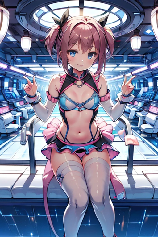 8K, RAW photo, night light, Beautiful cyberpunk style young girl, Light blue and pink shorthair, pink eyes, high resolution skins, Beautiful woman in a black top and short skirt, pose for a photo, Multi-point, 19 years old, reveal her sexy body, hourglass illustration, Because I&#39;m slender, small breasts, sample belly, Looking at the camera and smiling, night city background, neon light