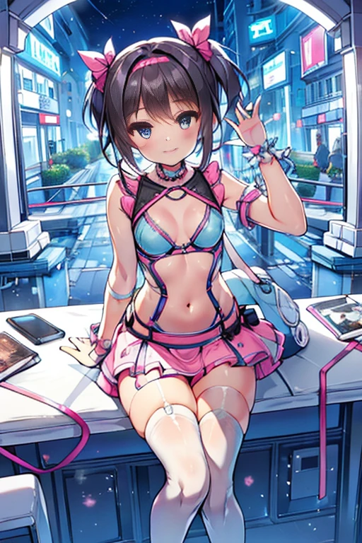 8K, RAW photo, night light, Beautiful cyberpunk style young girl, Light blue and pink shorthair, pink eyes, high resolution skins, Beautiful woman in a black top and short skirt, pose for a photo, Multi-point, 19 years old, reveal her sexy body, hourglass illustration, Because I&#39;m slender, small breasts, sample belly, Looking at the camera and smiling, night city background, neon light