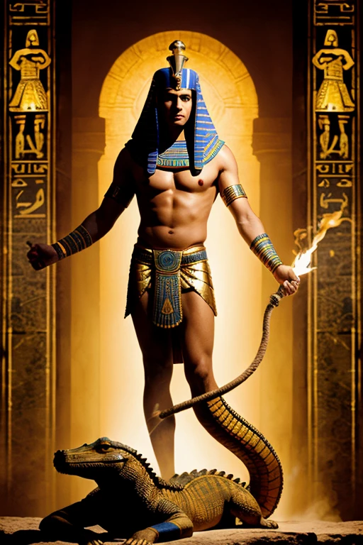 hyper réalisme; 4k; un homme impressionnant; debout; beau; dieu Osiris; Roi de l'au delà; momie; bandages; Egypte antique; arriere plan eau; un crocodile; lumière flamboyante; fantastique;
