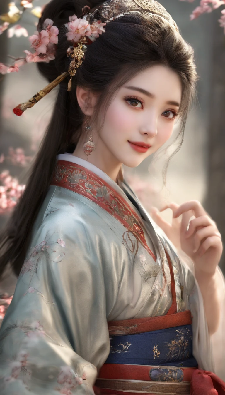 ancient chinese beauties，eyes clear and bright，Smile affectionately，Printed Hanfu，headgear，attic，Beautiful picture，4k