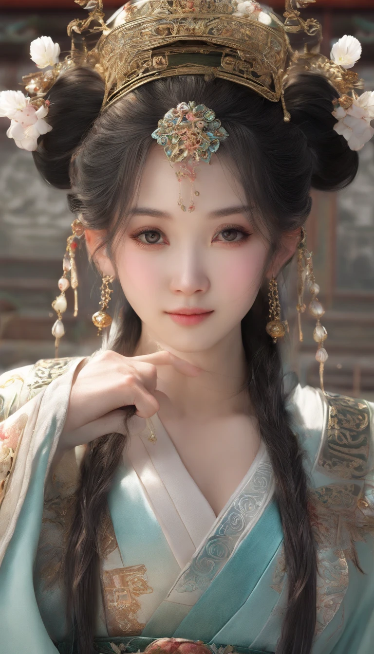 ancient chinese beauties,eyes clear and bright,Smile affectionately,Printed Hanfu,headgear,attic,Beautiful picture,4k