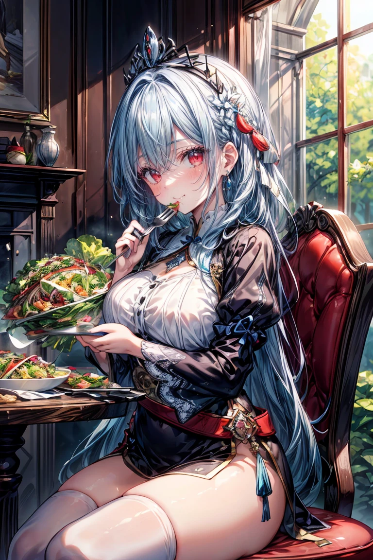 ((8K masterpiece,highest quality)), ultra high resolution, hyper detail, (1 girl), beautiful face, beautiful and delicate eyes,((red eyes)),Big eyes,shining eyes of light,Thin and long eyelashes,detailed light,((blue hair)),((long hair)),((straight hair)),big breasts,(very large thighs),thin waist,blush,(grinning smile),troubled face,(please open your mouth wide),(daughter of the royal family),(((王家のmeal)))((open your mouth wide)),silver holy armor,sacred belt around the waist,sapphire crown,gold necklace,sapphire earrings,silver hair ornament,white knee socks,(meal),(royal family of darkness),(Inside the castle),(((The girl sits on a chair and eats a salad with a fork))),lots of food on the table,eat food,motion blur,Depth of written boundary,spectacular panoramic view,Angle from the side
